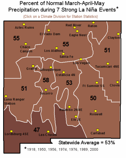 Map of NM climate divisions and the percent of normal spring precipitation during Strong La Nina events