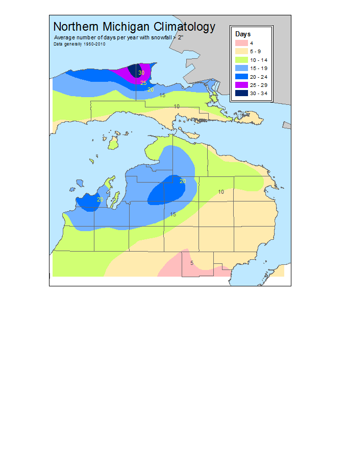 average number of days snowfall greater than 2 inches