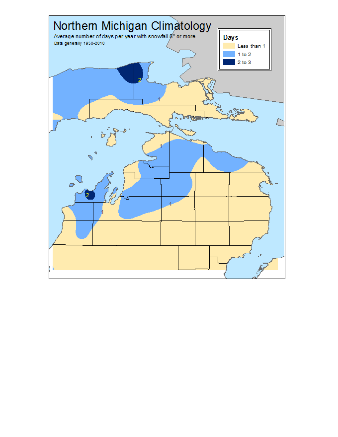 average number of days snowfall greater than 8 inches