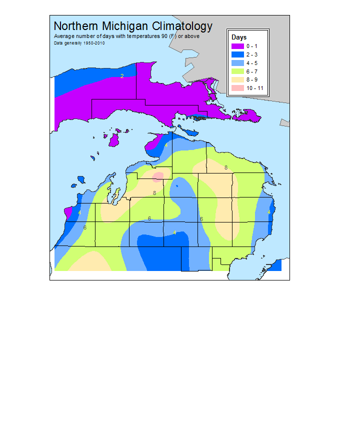 average number of days of temperatures of 90 or above