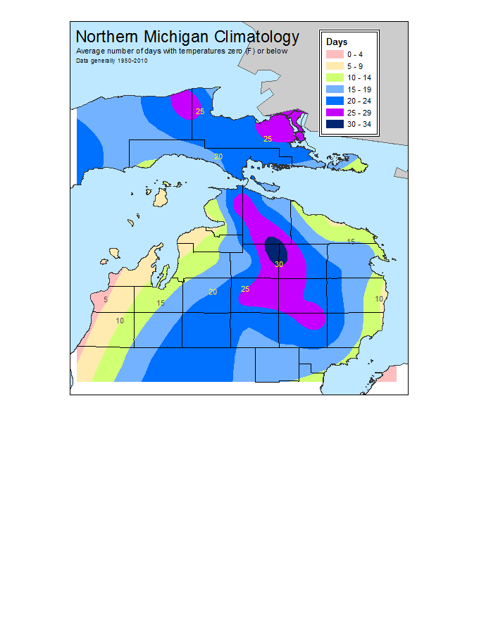 Average number of days of temperatures of zero or below