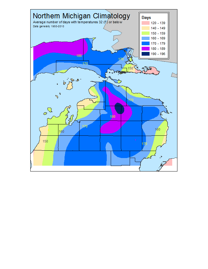 Average number of days of temperatures of 32 or below