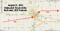 Estimated track of the tornado through Dodge and Olmsted counties