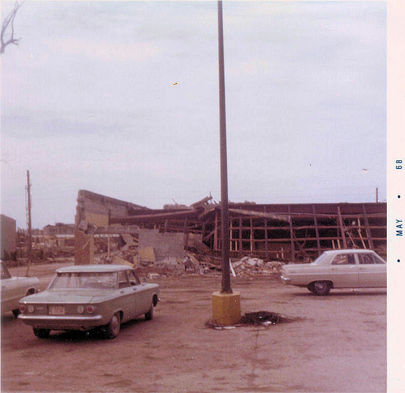 Looking southeast at the back of what is left of the IGA store near Clark and Wisconsin.