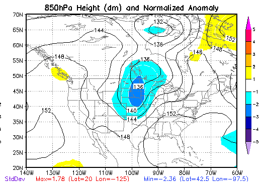 850 mb Height Anomalies at 7 AM CDT on May 15, 1968