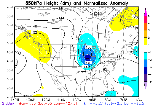 850 mb Height Anomalies at 7 PM CDT on May 15, 1968