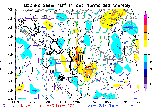 850 mb wind anomalies at 7 PM CDT on May 15, 1968