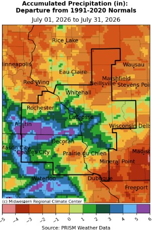 A map displaying July 2026 precipitation anomalies, and tables showing the wettest and driest precipitation totals across northeast Iowa, southeast Minnesota, and western Wisconsin.