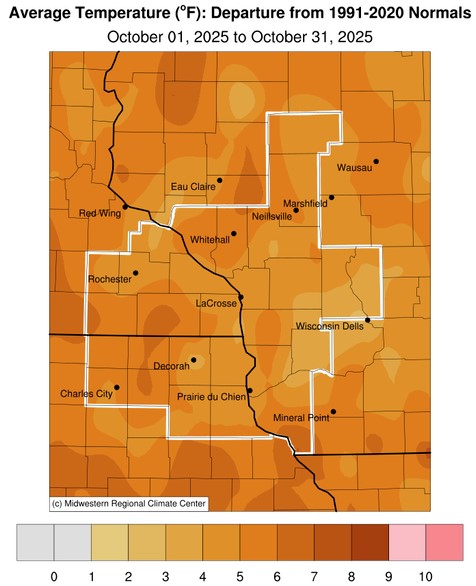 A map displaying October 2025 temperature anomalies, and tables showing the warmest and coldest averages across northeast Iowa, southeast Minnesota, and western Wisconsin.