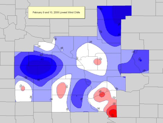 February 9 and 10, 2008 Lowest Wind Chills