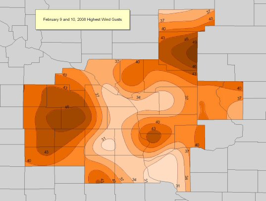 February 9 and 10, 2008 Highest Wind Gusts