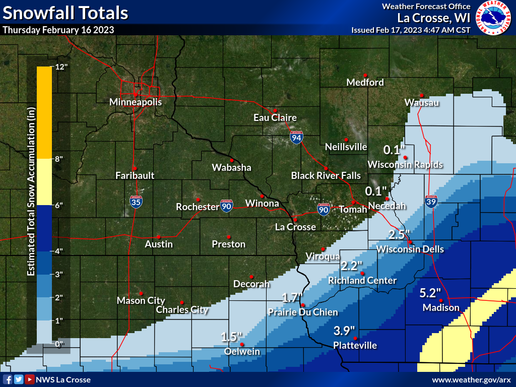 snow totals of 1-6 inches shown across southern WI