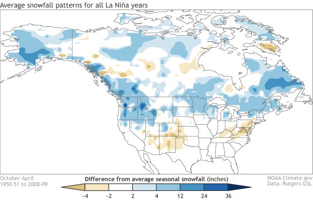 Snowfall departure from average for all La NiÃ±a winters (1950-2009). Blue shading shows where snowfall is greater than average and brown shows where snowfall is less than average. Climate.gov figure based on analysis at CPC using Rutgers gridded snow data. 