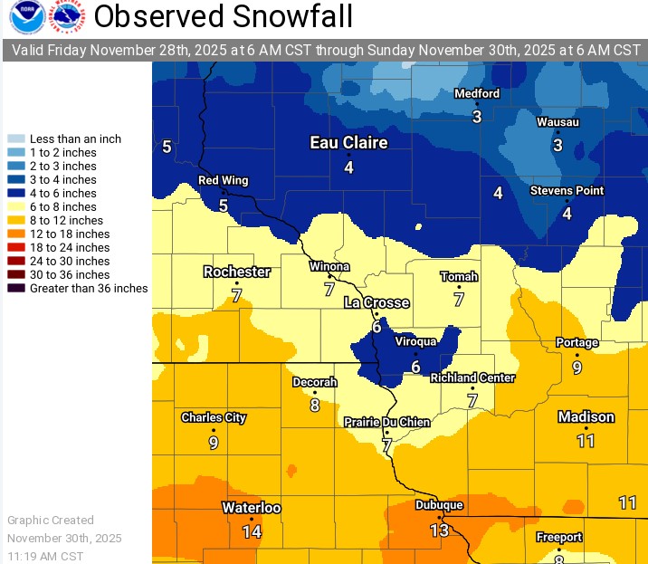 Snowfall from 6 AM November 28 to 6 AM November 30