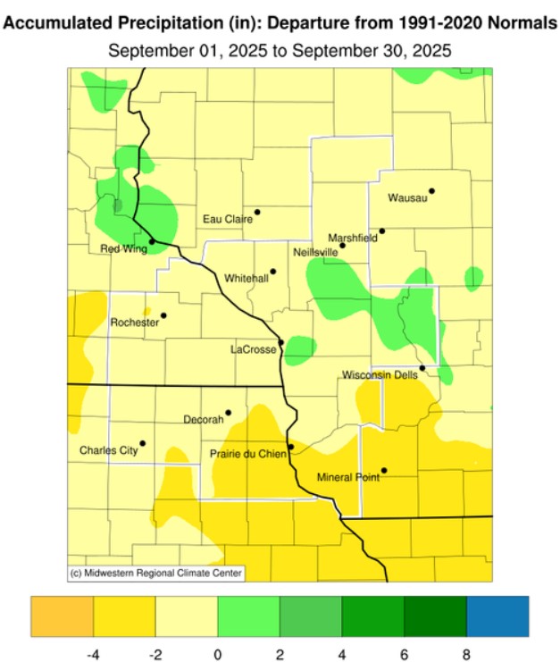 A map displaying September 2025 precipitation anomalies, and tables showing the wettest and driest precipitation totals across northeast Iowa, southeast Minnesota, and western Wisconsin.