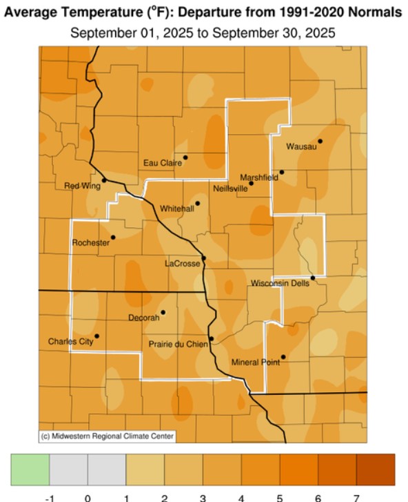 A map displaying September 2025 temperature anomalies, and tables showing the warmest and coldest averages across northeast Iowa, southeast Minnesota, and western Wisconsin.