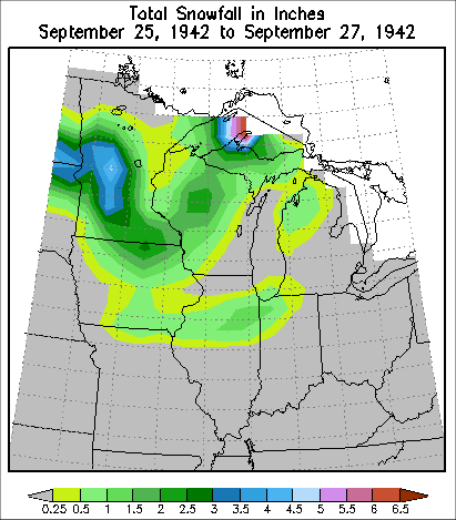 Snow totals from the September 25 through September 27, 1942 Early Season Winter Storm