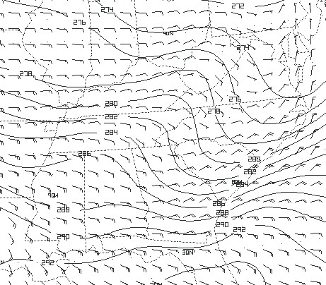 48hr forecast of 1000 mb Eta potential temperature/wind field<br>valid at 00 UTC, March 17th.