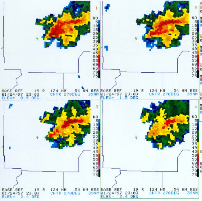 At 2303Z the reflectivity data had a definite spiral look to it, as the concavity on the southern flank became sharper.  55+ dBZ was no longer detected on the southern flank as it had been.