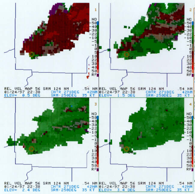 Interestingly, a mesocyclone was detected by the meso algorithm at the end of the 2238Z volume scan.  V<sub>r</sub> = 26 kts at 0.5 deg; 26 kts at 1.5 deg; 22 kts at 2.4 deg; 19 kts at 3.4 deg; and 21 kts at 4.3 deg. It was only a minimal mesocyclone from an operator's viewpoint (as determined by the chart under the glass at each PUP workstation).