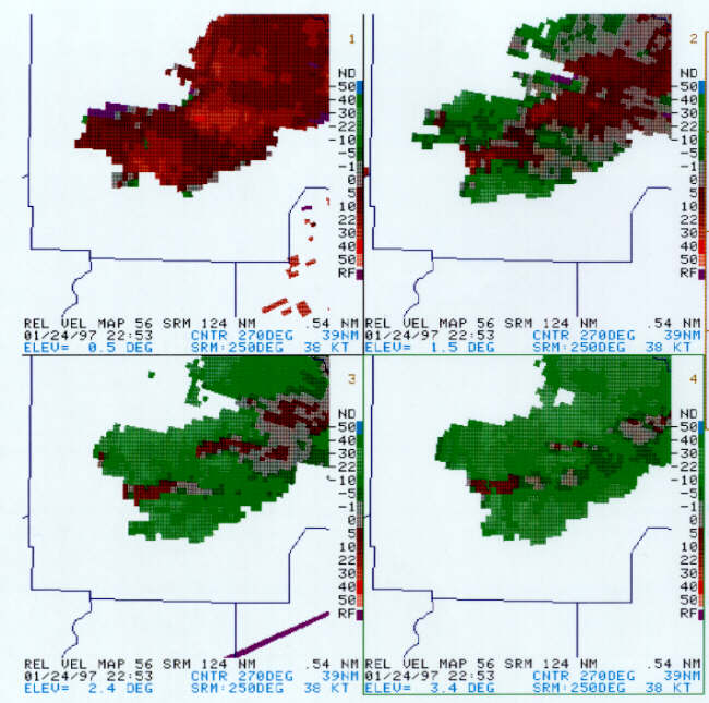 Although a velocity couplet was not readily apparent at the lowest elevation at 2253Z, the 30-39 kts of storm-relative outbound velocities were right on the southwest flank. V<sub>r</sub> increased to 35 kts at 1.5 degrees and remained 22 to 26 kts at higher elevations.