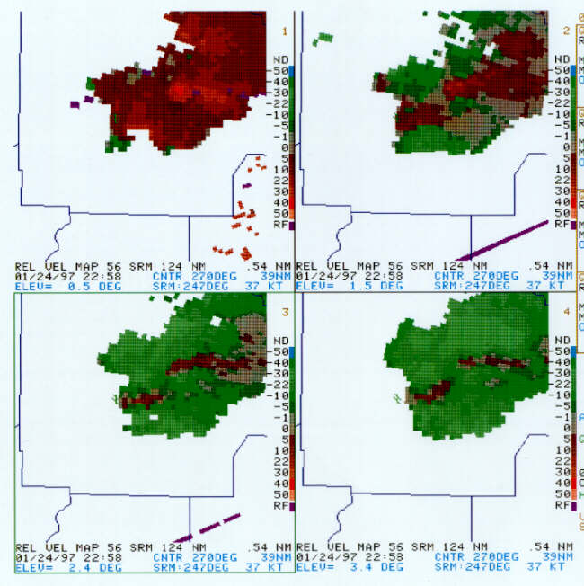 A mesocyclone was once again detected by the algorithm at the end of this volume scan.  The highest V<sub>r</sub> to date with this storm showed up at 2.4 degrees (36 kts).  The radial velocity at 0.5 degree elevation was in the shape of a well-defined hook!