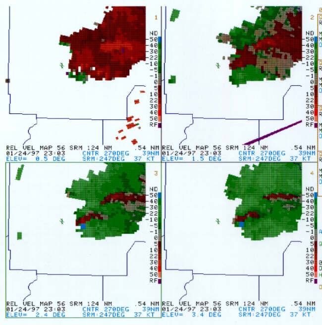 A velocity couplet was evident at 0.5 and 1.5 degrees, but it was up at 2.4 and 3.4 degrees that the V<sub>r</sub> equaled 41 and 36 kts respectively (the couplet was gate-to-gate).  The storm-relative inbound velocities were 50+ kts at these two higher slices.  A TVS was detected with this circulation at the end of the volume scan (around 2308Z).