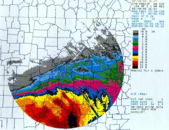 KBMX, Shelby County Airport Radar site, Storm Total Precipitation.  Begining 9/27/98 1553 UTC to 9/30/98 1626 UTC.