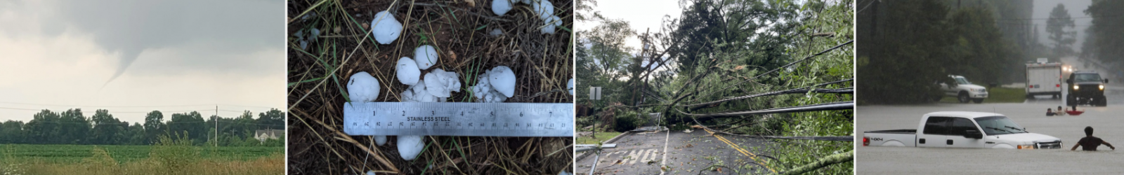 Storm spotter visual examples: Tornado, Hail, Wind Damage, and Flooding