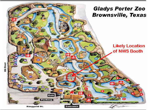 Map of Gladys Porter Zoo, showing NWS Booth Location (click to enlarge)