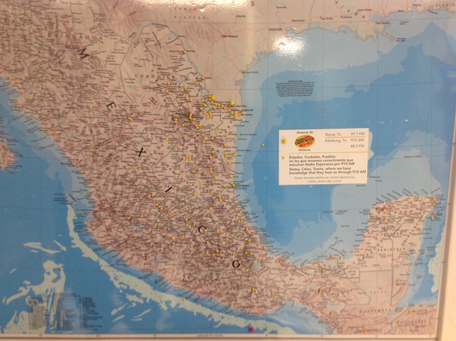 Map of transmitters and cities/towns where Radio Esperanza is heard each day or night in the U.S. and Mexico (click to enlarge)