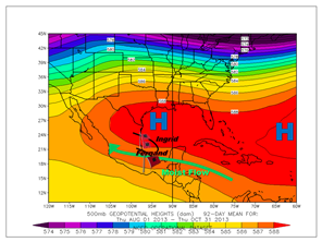 Average 500 mb geopotential height for the tropical western Atlantic during the peak of the 2013 hurricane season (click to enlarge)