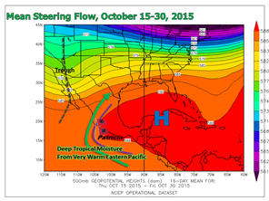 Average 500 mb geopotential height for the tropical western Atlantic and Gulf, October 15-30, 2015 (click to enlarge)