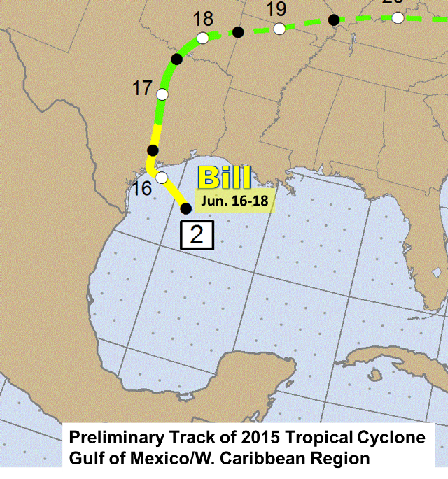 Preliminary 2015 Hurricane Season tracks for the Gulf of Mexico (click to enlarge)