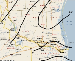 Isopleths of snowfall for Deep South Texas and the Lower Rio Grande Valley, Christmas 2004 (click to enlarge)