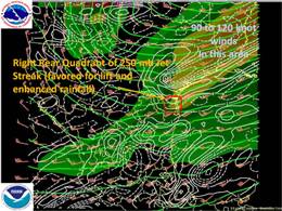 250 millibar jet streak, as depicted by the GFS, across the Lower RGV at 1 AM CDT April 28th (click to enlarge)