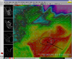 850 mb temperature, wind, and relative humidity at noon CST for Deep South Texas (click to enlarge)