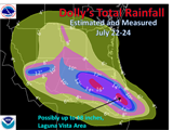 Estimated and measured rainfall, July 22 to 24, from Hurricane Dolly in Deep South Texas (click to enlarge)