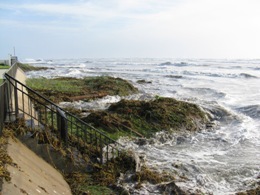 Waves reaching the seawall at the Travelodge Hotel on Gulf Boulevard, SPI, 845 AM September 12