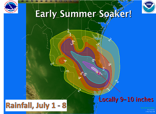 Estimated rainfall, July 1st through 8th, for the Lower RGV and Deep South Texas (click to enlarge)