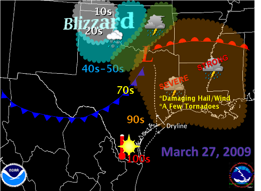 Graphic showing wide variety of weather across Texas, March 27, 2009