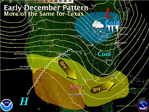 Map of weather patterns expected to continue into mid December, 2010, across the United States (click to enlarge)