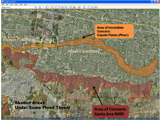 Image of areas under threat in Hidalgo County under threat for minor river flooding and light inundation of the Banker and Main Floodways