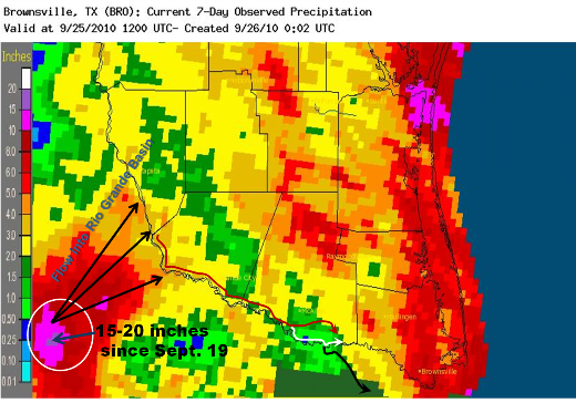 Advanced Hydrologic Prediction System rainfall estimates for September 15-22, 2010, Deep South Texas/Northeast Mexico (click to enlarge)