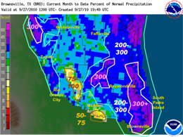 Preliminary Measured and Estimated percent of average September rainfall, September 2010 across the Rio Grande Valley and Deep South Texas (click to enlarge)