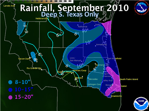 Preliminary Measured and Estimated Rainfall, September 2010 across the Rio Grande Valley and Deep South Texas (click to enlarge)