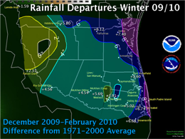 Map of rainfall departures from the 1971-2000 thirty year average across the Rio Grande Valley and Deep South Texas, December 2009 - February 2010 (click to enlarge)