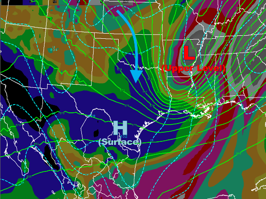 Combination of 500 mb pattern, surface pressure fields, and mean relative humidity between 1000 and 500 mb (click to enlarge)