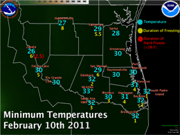 Low Temperatures, February 10th 2011, Deep South Texas (click to enlarge)