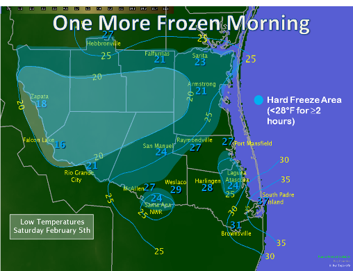 Minimum temperatures, February 5th, 2011, Deep South Texas(click to enlarge)